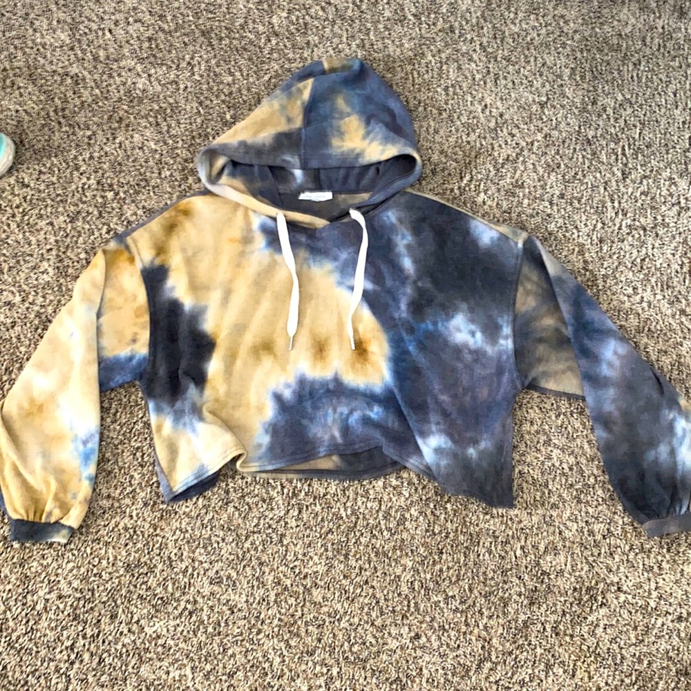 Lightly used crop top sweater with hood, soft.
